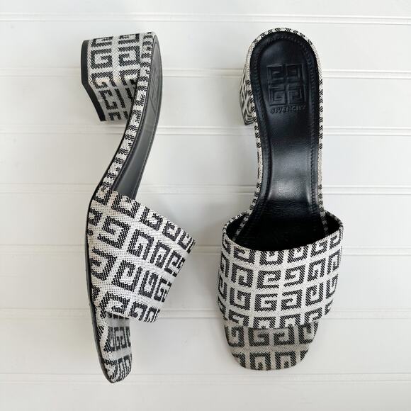 Givenchy 4G Monogram Canvas Slide Mules Black Gray Block Heel Sandals 40 - Picture 2 of 10